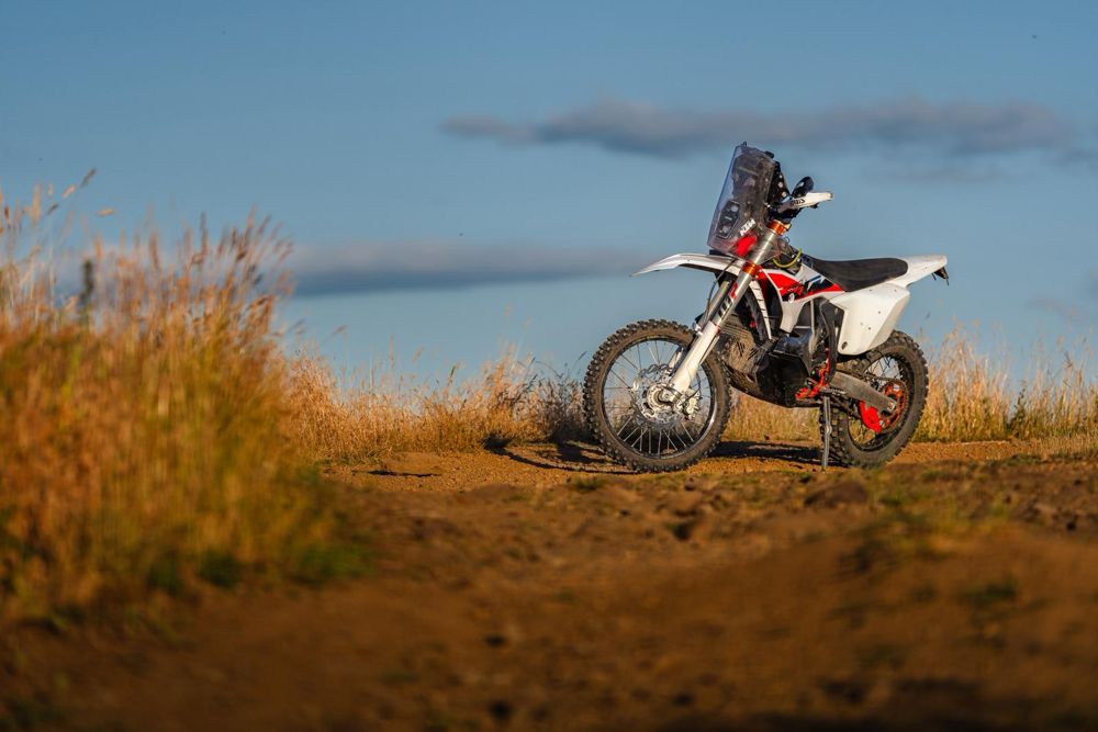 The KTM 450 Rally Replica alone on a ridge in golden grass, June 2026