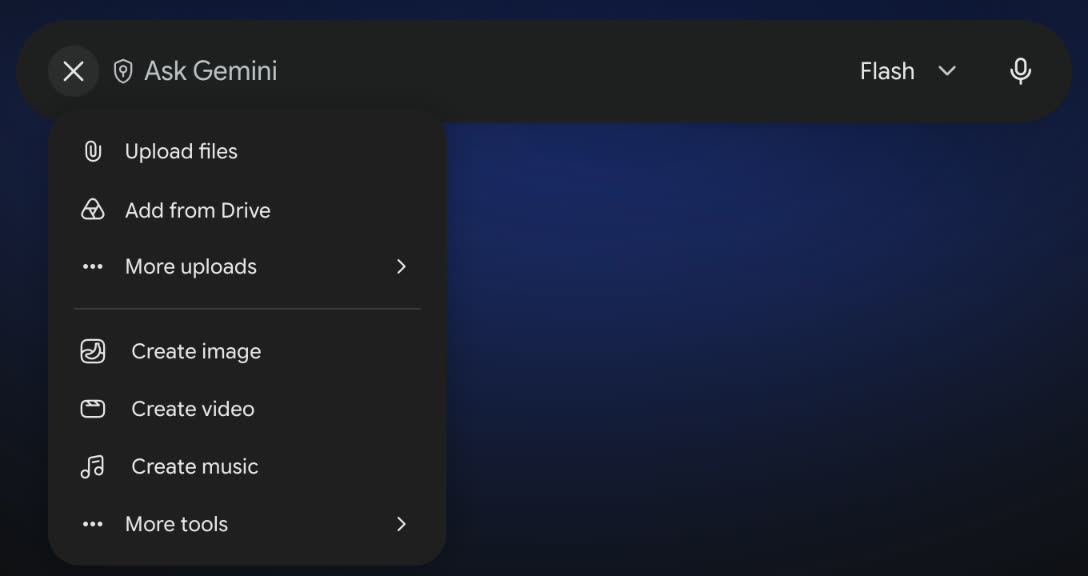 Gemini menu with Upload files