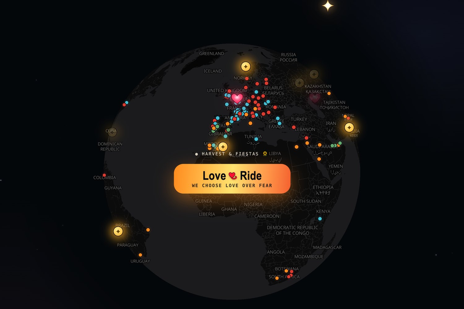 The StartMeUp planet at night: every rally-raid, hard-enduro and adventure race as a lit dot on a dark globe, with the Love & Ride banner